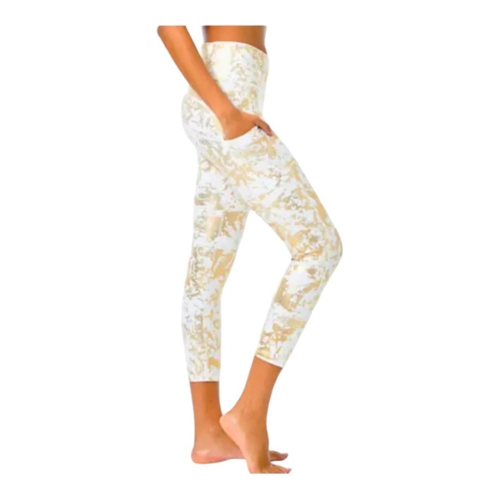 Lilly Pulitzer Weekender High Rise Leggings Gold Shoreline Foil Sz S Luxletic